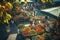 A bustling market scene with a wide variety of fresh and colorful fruits and vegetables on display, A bustl