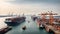 A bustling port, with cargo ships and cranes, showcasing the global trade.
