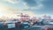 A bustling port with numerous shipping containers, large cranes, under a partly cloudy sky during sunrise or sunset, ai generative