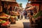 A bustling scene as a diverse group of individuals walks through a vibrant market area, surrounded by stalls and eager vendors, A