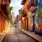 Bustling Street in Cartagena with Vibrant Colors and Lively Characters