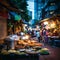 Bustling street in Hanoi& x27;s vibrant street food scene