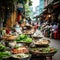 Bustling street in Hanoi& x27;s vibrant street food scene