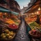 A bustling street market in a foreign land, with exotic fruits and spices, showcasing a vibrant and diverse culture1