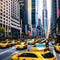 A bustling street in New York City with iconic yellow taxis and skyscrapers2, Generative AI