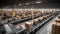Bustling warehouse fulfillment center with seamless conveyor belt transporting packages