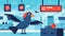 In a busy airport terminal a pet bird gets spooked and flies off into a restricted area triggering an emergency alert on