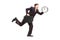 Busy businessman running with wall clock and briefcase