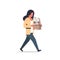 Busy businesswoman carrying paper box stack of documents overloaded business woman office worker going female cartoon