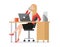 Busy businesswoman talking on phone flat style icon, sitting at workplace, work desk with laptop, manager entrepreneur