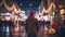 In a busy city, a man wearing a red beanie walks down a street lit with twinkling Christmas lights - Generative AI