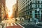 Busy cityscape street scene with people and cars in a crowded intersection on 5th Avenue in Manhattan New York City