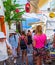 Busy commercial street tourist attraction Fira Santorini Greece