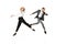 Busy day. Two stylish office workers in business suits in action isolated on white background. Art, beauty, fashion and