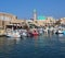 Busy docks of the marina near the Sinan Basha Mosque in Acre Bay, Israel