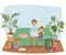 Busy father working at home banner vector illustration. Dad sitting on sofa in living room interior using laptop while