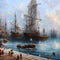 Busy Harbor With Vintage Wooden Sail Ships Generative AI