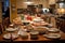 busy kitchen, with plates, glasses, and food waiting to be served at the holiday dinner table