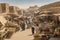 busy marketplace, bustling with life and trade, among the ancient desert ruins