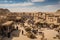 busy marketplace, bustling with life and trade, among the ancient desert ruins
