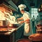 A busy restaurant kitchen where a chef cooks. (Generative AI