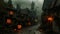 A busy street lined with numerous Halloween pumpkins, creating a vibrant and festive atmosphere, Medieval village decorated with