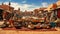 Busy street market in Marrakech, Morocco filled with colorful fabrics, spices, tapestries