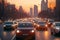 busy traffic on the city road at sunset, beautiful sunlight and urban landscape, silhouettes of skyscrapers