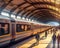 Busy train station with fast loving train and people on platform