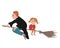 A busy wizard Dad flying on his broom stick with a little daughter. Halloween holiday concept. Flat style cartoon vector