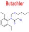 Butachlor herbicide molecule. Skeletal formula. Chemical structure