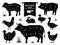 Butcher diagrams. Animal meat cuts, cow pig rabbit lamb rooster domestic animals silhouettes. Vector retro butcher shop