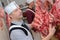 Butcher measuring temperature in refrigerator at meat manufacturing