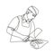 Butcher with Meat Cleaver Cutting Leg of Ham Continuous Line Drawing