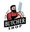 Butcher with Meat cleaver. Emblem or logo for butcher shop, steakhouse menu, grill restaurant. Vector illustration