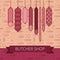 Butcher shop banner. Meat and barbecue sausage products. Various