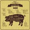Butcher shop illustration of pork. Farm vintage background. Scheme of part meet