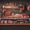 Butcher shop interior, many different types of meat, sausages, ham on the counter, excellent food background