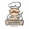 Butchery logo. Hand drawn vector illustration of chief-cooker with a mustache and knife in a white dress. chief-cooker