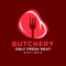 Butchery shop logo. Symbol of meat restaurant. Tasty steak with fork.