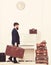 Butler and service concept. Macho attractive, elegant carries vintage suitcases, side view. Man with beard and mustache