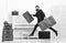 Butler and service concept. Man with beard and mustache in suit delivers luggage, luxury white interior background