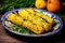 butter glazed sweet corn garnished with herbs on a vibrant ceramic plate