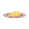 Butter icon on a plate. A piece of margarine with sliced pieces. Source of vitamin A.