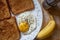 Butter toasted wheat bread with bulls eye egg. Sunny side up egg with bread toast