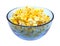 Buttered popcorn in blue bowl