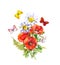 Butterflies at bouquet with flowers. Floral summer composition - poppies, chamomile flower. Watercolor