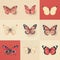 Butterflies Collection in Retro Illustration Style, Vintage Americana, Butterflies Set