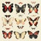 Butterflies Collection in Retro Illustration Style, Vintage Americana, Butterflies Set