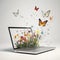 Butterflies and flowers protrude from laptop screen, transition of virtual reality to real one,